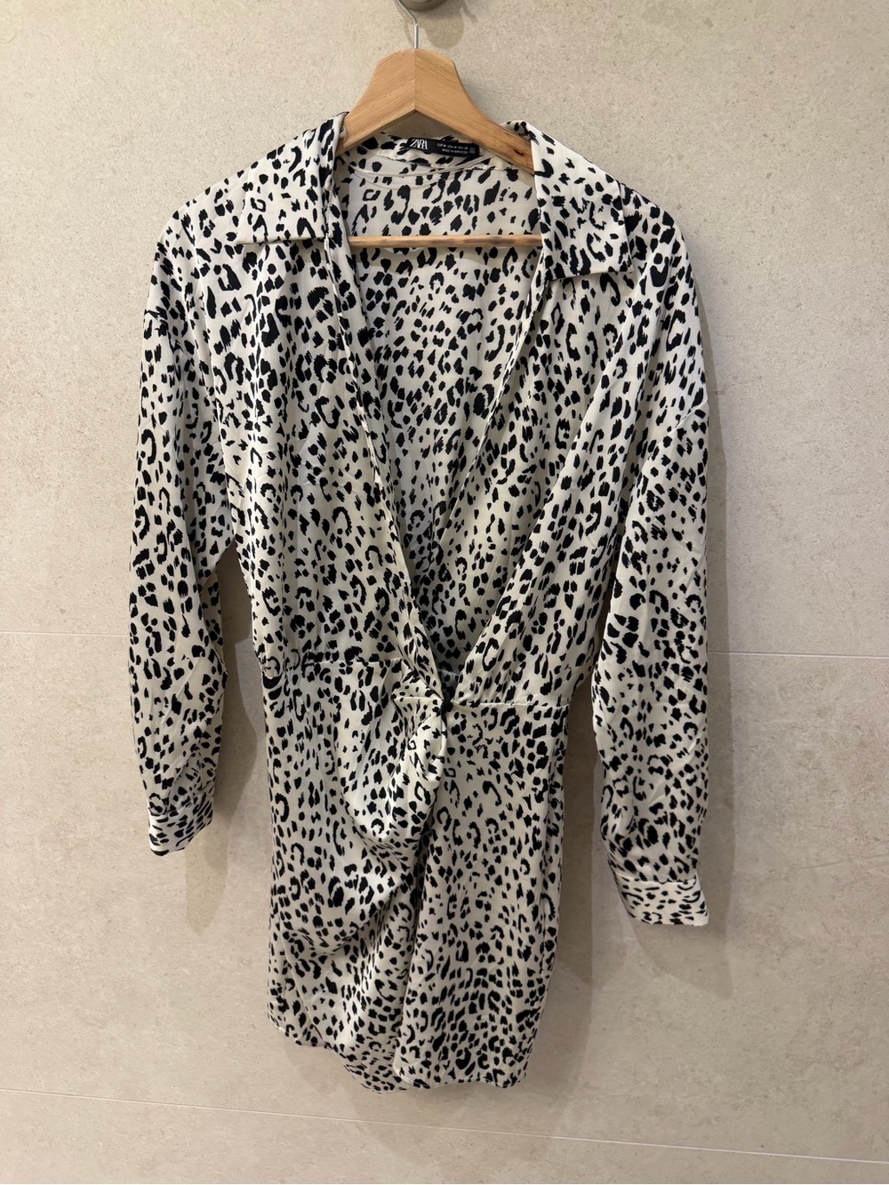 Leopard Print Twist Front Shirt Dress - Black & Cream